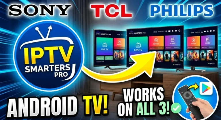 IPTV Smarters Pro app icon displayed on Sony, TCL, and Philips Android TVs by Lexonstream IPTV
