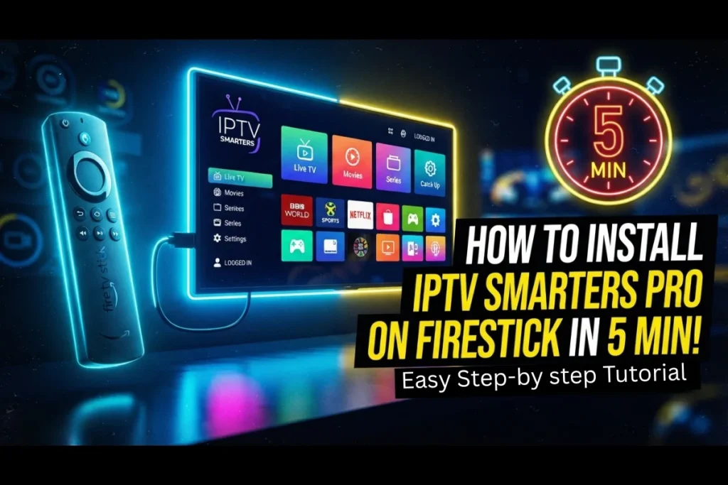 High-contrast YouTube thumbnail showing an Amazon Firestick next to a modern TV displaying the LexonStream IPTV app interface with a glowing 5-minute timer.