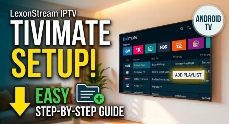 LexonStream IPTV easy step-by-step guide for Tivimate setup on Android TV, displaying the app interface with the add playlist button highlighted.