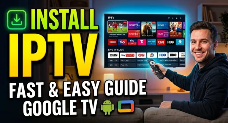 Tutorial visual showing how to install IPTV on Android TV and Google TV featuring Lexonstream IPTV interface on a Smart TV.